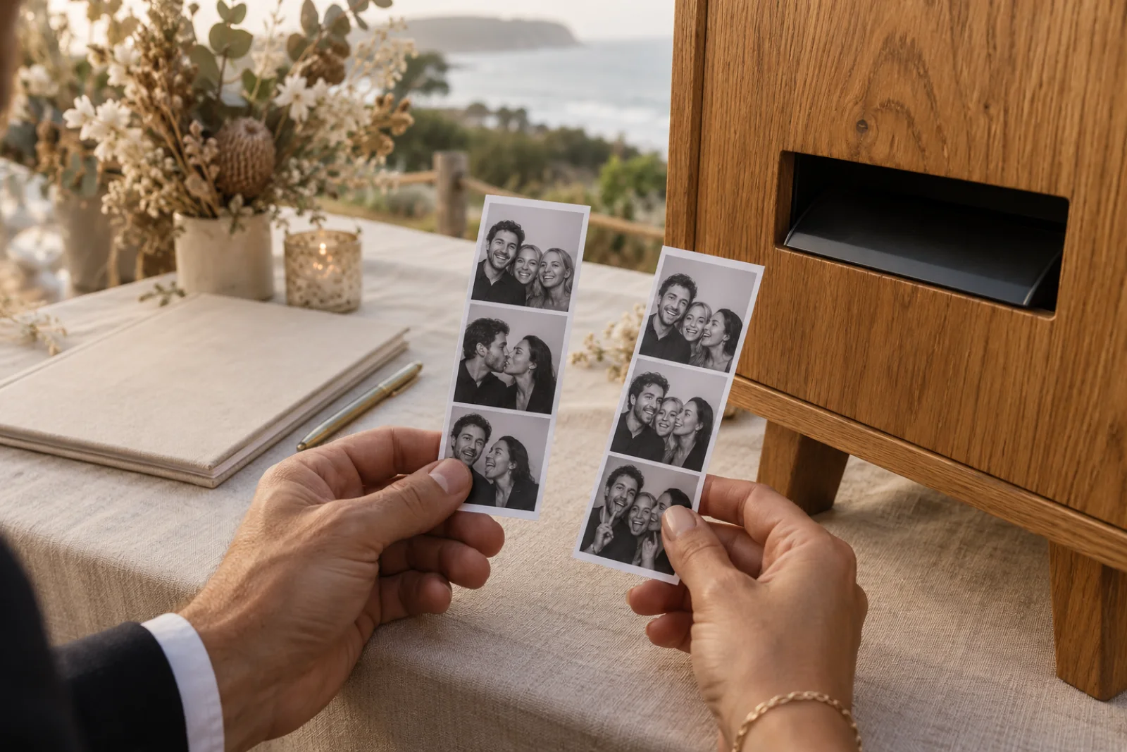 Personalised photo strips printed at a wooden booth